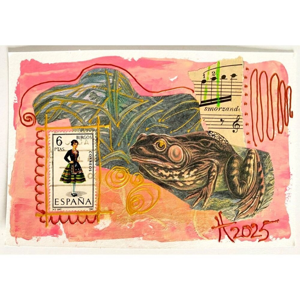 Croakin 5 Original Frog Collage Painting Wall Art Matted 8x10in Frame Ready